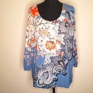 Chico's knit blue peach Jacobean Paisley print scoop neck Tunic top stretch XL